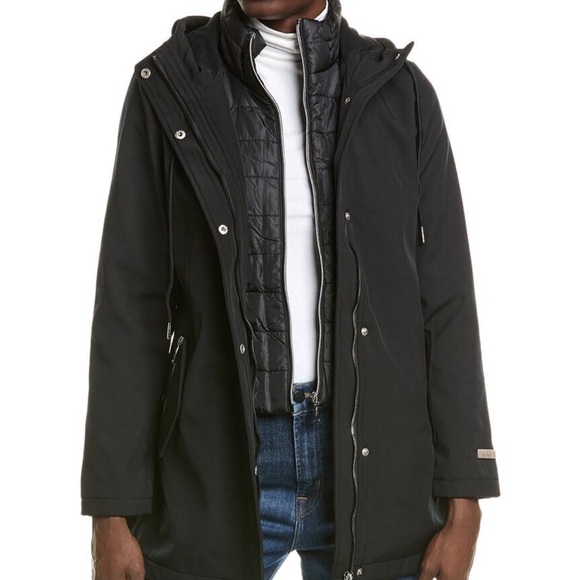 Nicole Miller Black Puffer Quilted Double Layer Long Line Hooded Jacket Small
